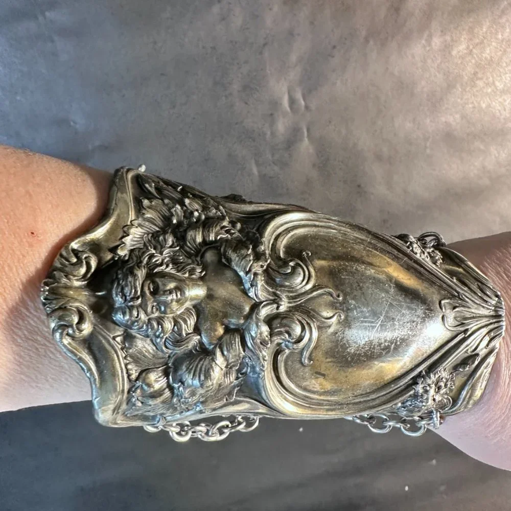 Antique Art Nouveau Wide Cuff Goddess Bracelet Bracer Alphonse Mucha Lady Face